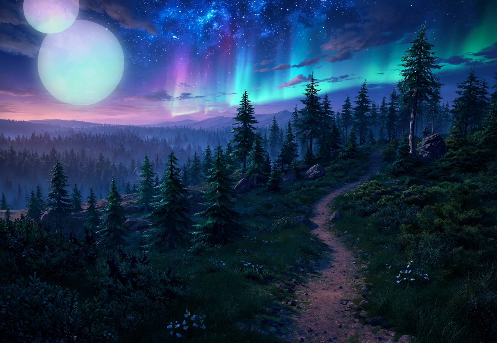 A magical forest path with two moons and an aurora